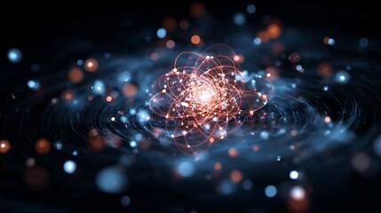 A digital painting of atoms and electrons spinning