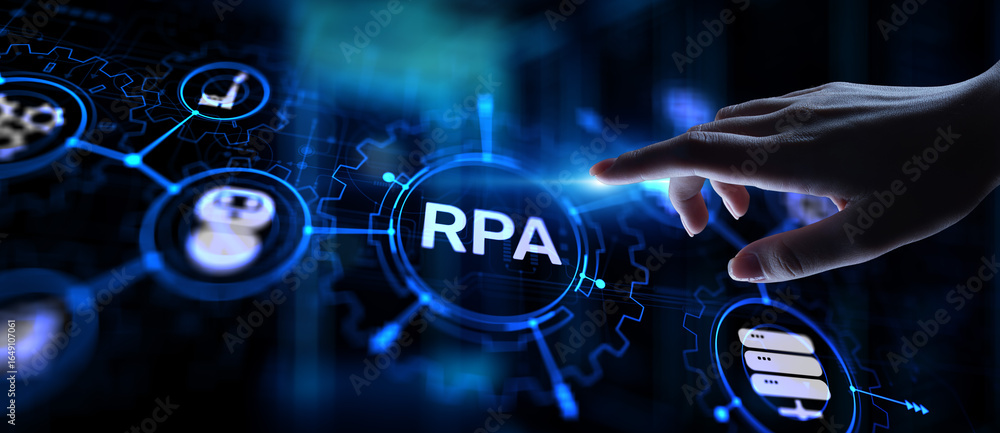 Poster rpa robotic process automation innovation technology concept on virtual screen.