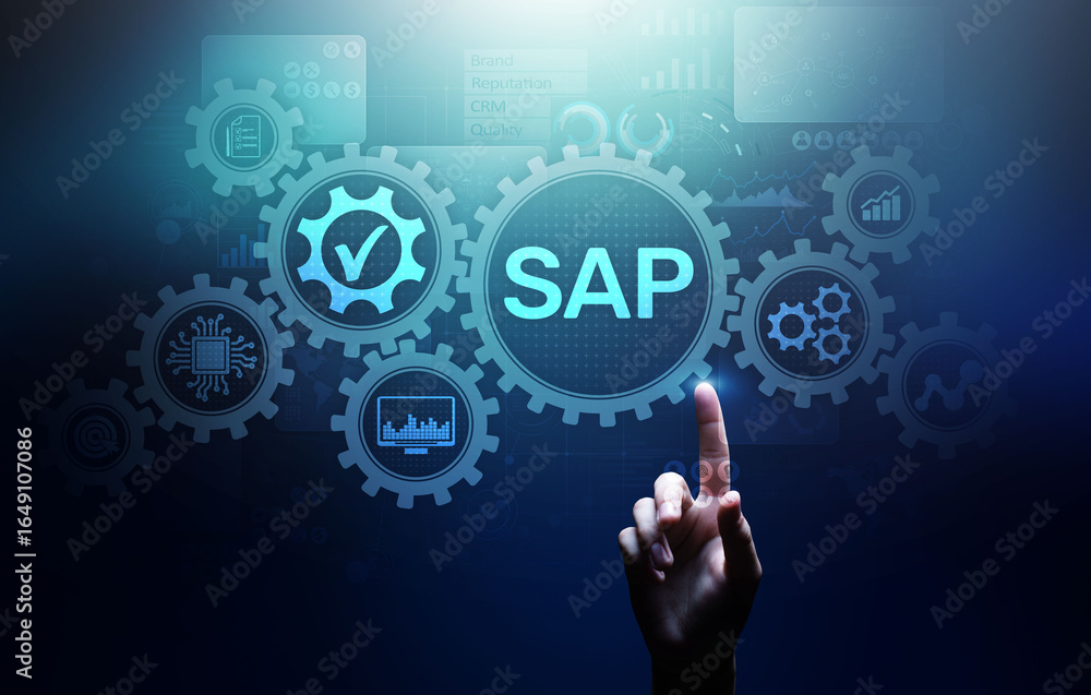 Poster sap - business process automation software. erp enterprise resources planning system concept on virt