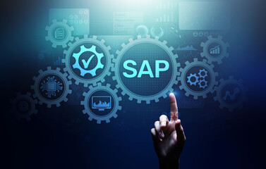 SAP - Business process automation software. ERP enterprise resources planning system concept on virtual screen.