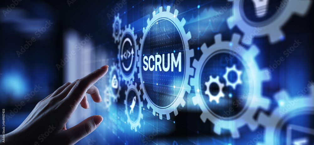 Poster scrum, agile development methodology, programming and application design technology concept on virtu