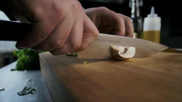 cutting mushrooms champignons on board