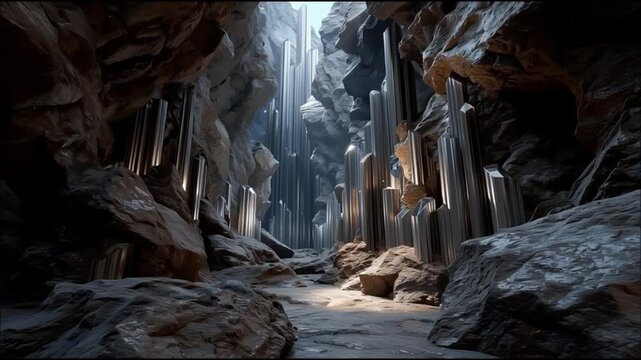 A breathtaking view of an illuminated cavern with striking rock formations and shimmering crystals, showcasing nature's beauty.
