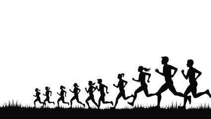 Black silhouettes of people running in a line across grass