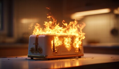 A close-up shot captures a toaster engulfed in flames, showcasing a domestic appliance malfunction, with intense fire and heat emanating from the appliance in a kitchen setting.