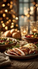 Festive holiday meal featuring roasted chicken, seasonal vegetables, and festive decor in a cozy dining setting