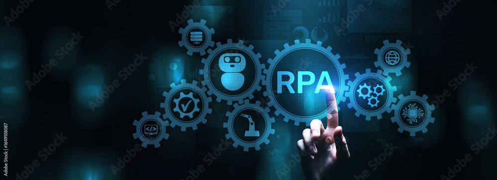 Poster rpa robotic process automation innovation technology concept on virtual screen.
