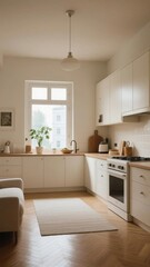 Modern, minimalist kitchen with white cabinets, wooden flooring, and a central rug