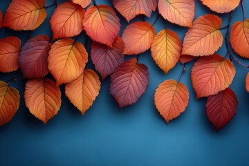 Obraz premium Vibrant autumn leaves overlapping on a blue background create a warm atmosphere