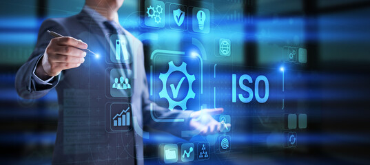 ISO Standard certification standardisation quality control concept on screen.