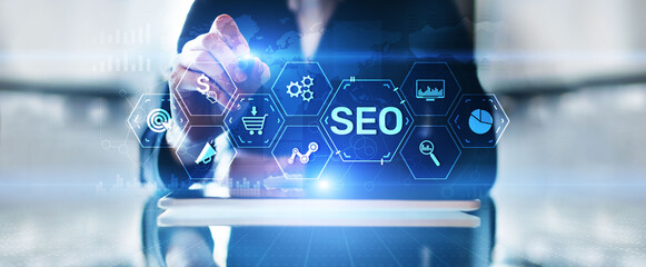 SEO Search engine optimisation online digital internet marketing concept on virtual screen.