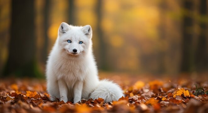 Captivating arctic fox in autumn forest nature photography colorful leaves warm environment close-up perspective