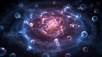 A digital painting of atoms and electrons spinning