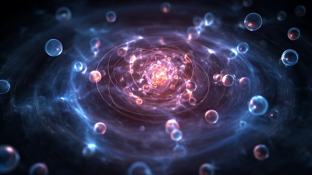 A digital painting of atoms and electrons spinning