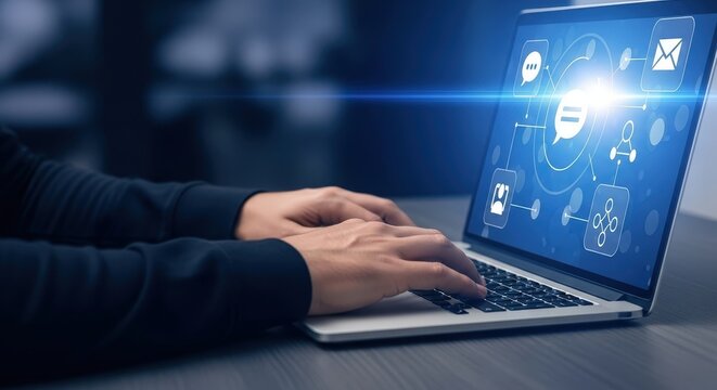 A person types on a laptop, the screen displays glowing digital icons. Blue lines connect these icons, suggesting network