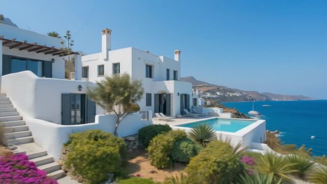 Whitewashed Villa on a Beach Cliff Overlooking the Sea. 4k videos