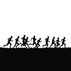Black silhouettes of runners on grass against white background