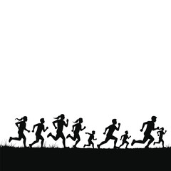 Diverse group of people running across grassy field silhouette