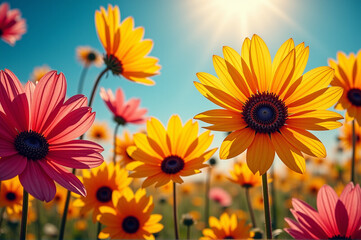 Fototapeta premium A field of vibrant yellow and pink daisies under a bright blue sky.