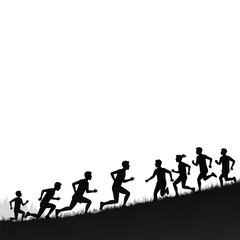 Diverse group of people running uphill in silhouette
