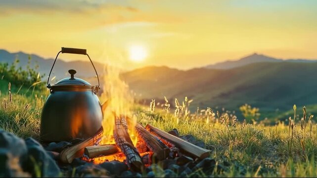 Camping kettle on fireplace, beautiful evening landscape