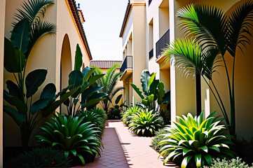 A picturesque courtyard with lush green plants and arches.