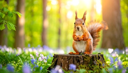 Red Squirrel Holding Nut on Forest Stump in Spring Sunlight
