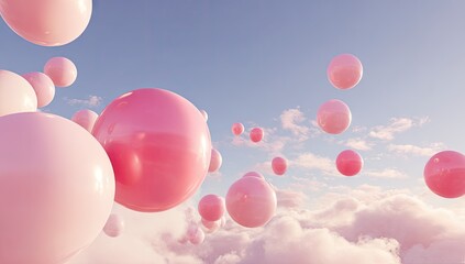Pink spheres float in a pale sky above fluffy clouds