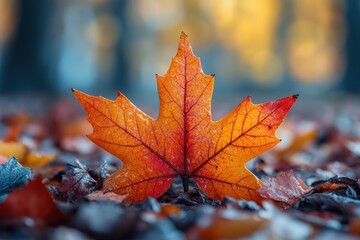 Fototapeta premium Vibrant orange maple leaf resting on autumn ground with blurred background