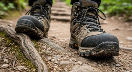 Close up of hiking boots walking on a forest trail with a fallen branch