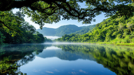 Calm river surrounded by lush greenery and misty mountains reflects serene beauty