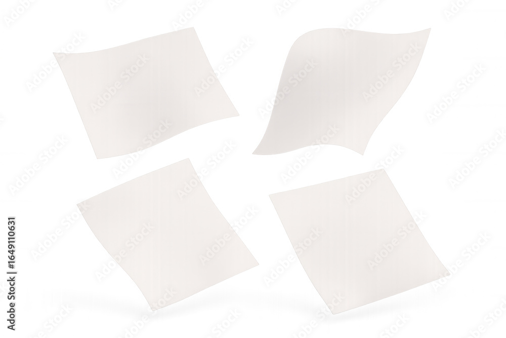 Poster four blank white sheets of paper flying and rotating on transparent background, creating a dynamic a