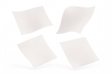 Four blank white sheets of paper flying and rotating on transparent background, creating a dynamic and airy composition