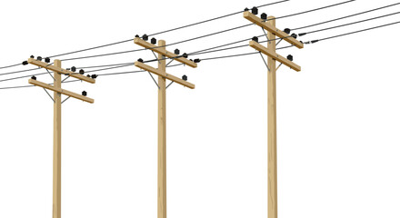 Wooden utility poles with power lines, electrical infrastructure, energy transmission, electric cables, isolated vector illustration, utility poles set, electricity network