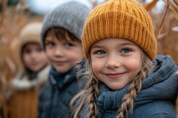 Obraz premium Children enjoying a fall outing in a cornfield wearing warm knitted hats