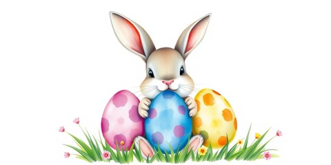 Obraz premium Cute watercolor Easter bunny holding painted eggs on white background, sweet, colorful