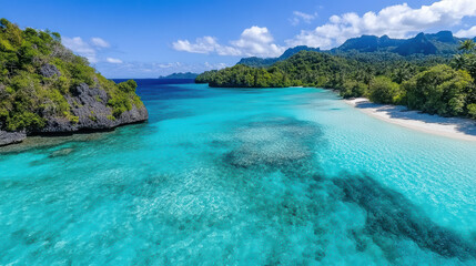 Fototapeta premium Crystal clear turquoise waters surround lush tropical islands, creating serene paradise