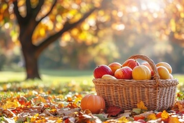 Autumn harvest with fresh apples and pumpkins in a sunny park setting