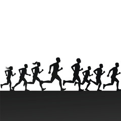 Group of diverse runners in silhouette running race