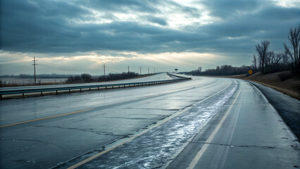 Empty wet asphalt highway under dark cloudy winter sky with patches of ice reflecting light, cold deserted road scene ideal for travel hazards, weather conditions and transportation safety visuals