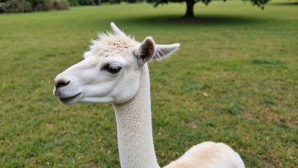 Obraz premium Serene White Alpaca in Lush Green Pasture, Peaceful Farm Animal Portrait, Soft Fluffy Fur.
