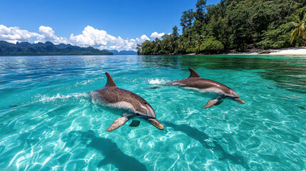 Obraz premium Dolphins swimming in clear turquoise waters near tropical island, showcasing vibrant nature