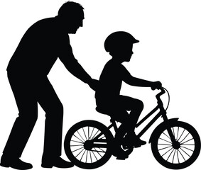 Fototapeta premium Vector Silhouette of grandfather teaching a child to ride a bicycle