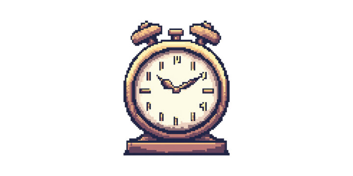 Vintage Pixel Art Alarm Clock Illustration. Retro Timepiece Design For Nostalgic Digital Art Projects Isolated On Transparent Background