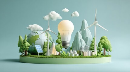 Cartoon eco-system island with globe, wind turbines, and light bulb