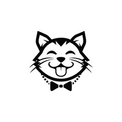 Happy Cat Face Logo with Bow Tie and Tongue Out animal