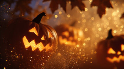 Glowing Pumpkins: An enchanting Halloween scene featuring grinning jack-o'-lanterns aglow, casting a warm, inviting light amid a backdrop of autumn leaves and bokeh effect.
