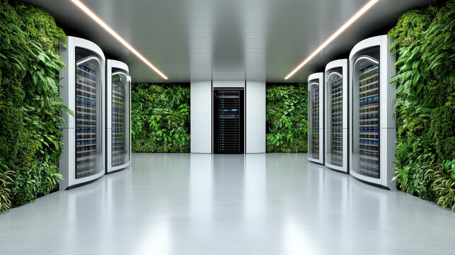 Modern data center with green walls, showcasing technology and nature harmoniously