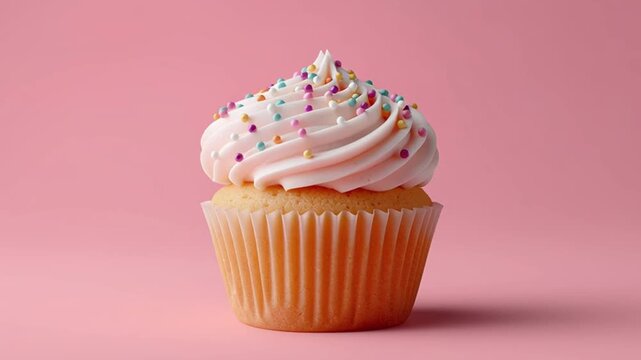 cupcake with pink frosting and sprinkles