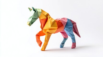 A multicolored origami horse, standing, crafted from folded paper, in a vibrant display against a white backdrop
